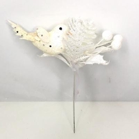 White Glitter Bird Pick 20cm