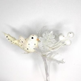 White Glitter Bird Pick 20cm