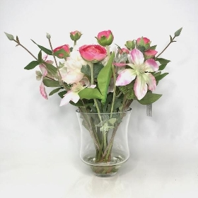 Peony And Rose In Clear Glass Vase 35cm