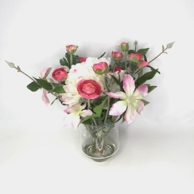 Peony And Rose In Clear Glass Vase 35cm