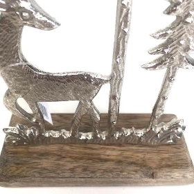 Silver Deer And Trees on Wood Base 18cm