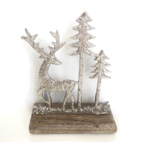 Silver Deer And Trees On Wood Base 18cm