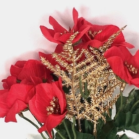 Red Gold Christmas Rose & Fern Bush 25cm