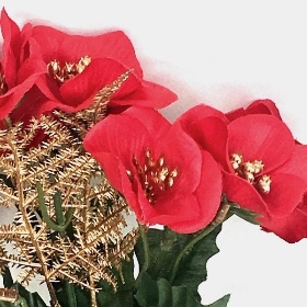 Red Gold Christmas Rose & Fern Bush 25cm