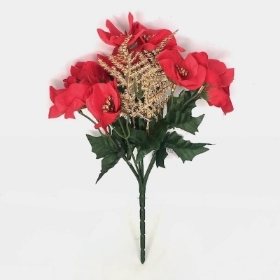 Red Gold Christmas Rose & Fern Bush 25cm