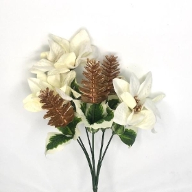 Ivory Velvet Poinsettia & Cone Bush 30cm