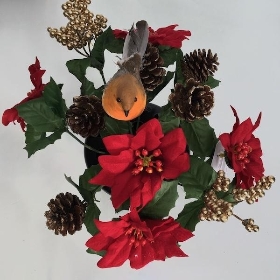 Red Velvet Poinsettia Grave Pot Robin 26cm