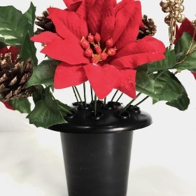 Red Velvet Poinsettia Grave Pot Robin 26cm