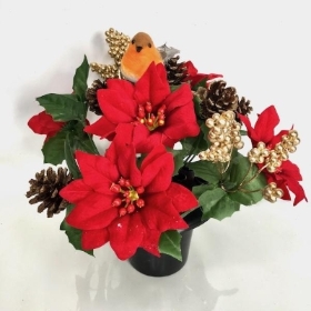 Red Velvet Poinsettia Grave Pot Robin 26cm