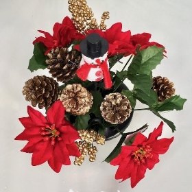 Red Velvet Poinsettia Grave Pot Snowman 26cm