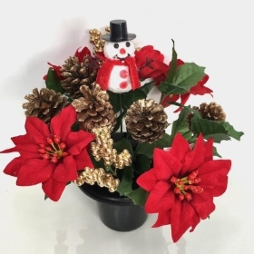 Red Velvet Poinsettia Grave Pot Snowman 26cm