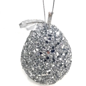 Silver Glitter Hanging Pear 10cm