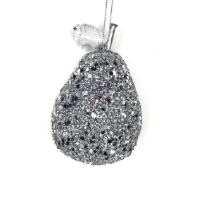 Silver Glitter Hanging Pear 10cm