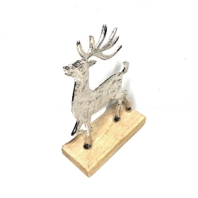 Silver Metal Reindeer On Wood Stand 17cm