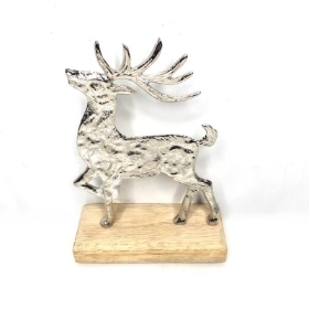 Silver Metal Reindeer On Wood Stand 17cm