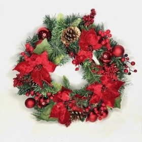 Red Bauble & Poinsettia Wreath 50cm