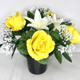 Yellow Rose & Lily Grave Pot 22cm