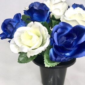 Blue & Ivory Rose Grave Pot 25cm