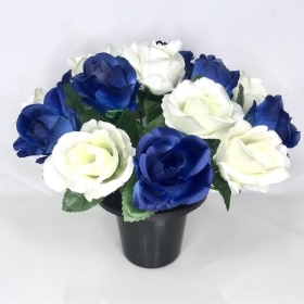 Blue & Ivory Rose Grave Pot 25cm