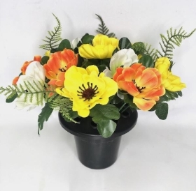 Orange Yellow & White Anemone Grave Pot 22cm