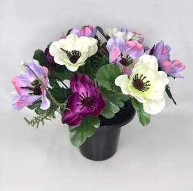 Purple Lilac & White Anemone Grave Pot 22cm