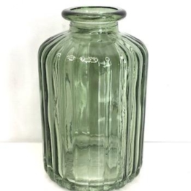 Vintage Green Ribbed Bottle Vase 19cm