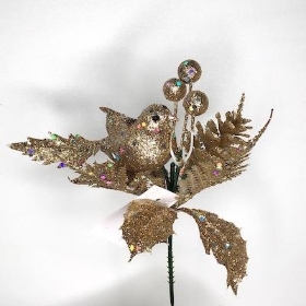 Champagne Glitter Bird Pick 20cm